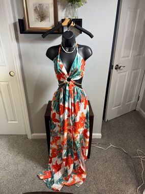 Goddess Tropical Halter Cutout Maxi Dress in Coral & Teal